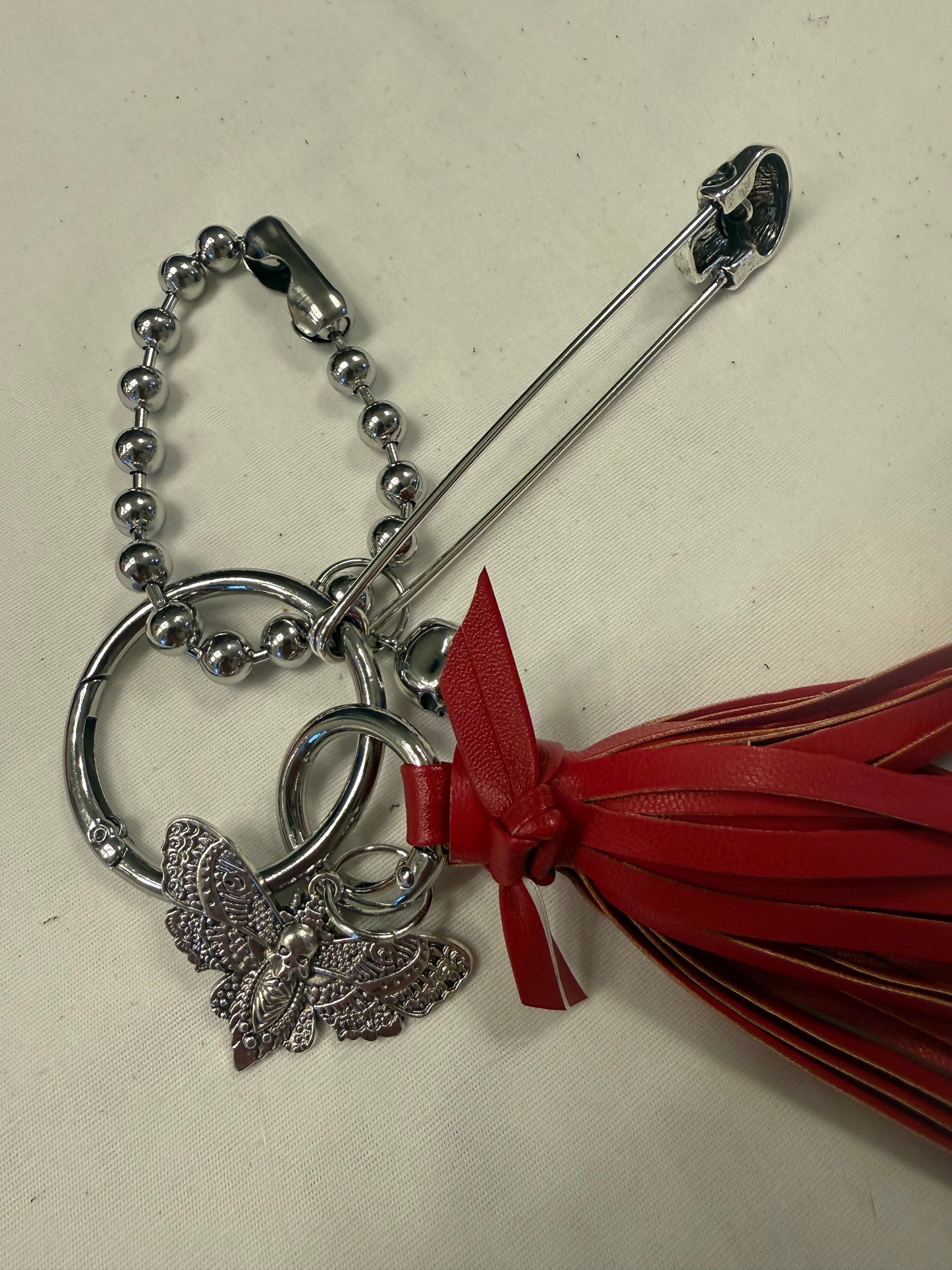 Handmade Red Vegan Leather Bag Charm Cluster – XL Skull Safety Pin – Skull Moth Charm – Silver Tone Hardware