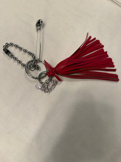 Handmade Red Vegan Leather Bag Charm Cluster – XL Skull Safety Pin – Skull Moth Charm – Silver Tone Hardware