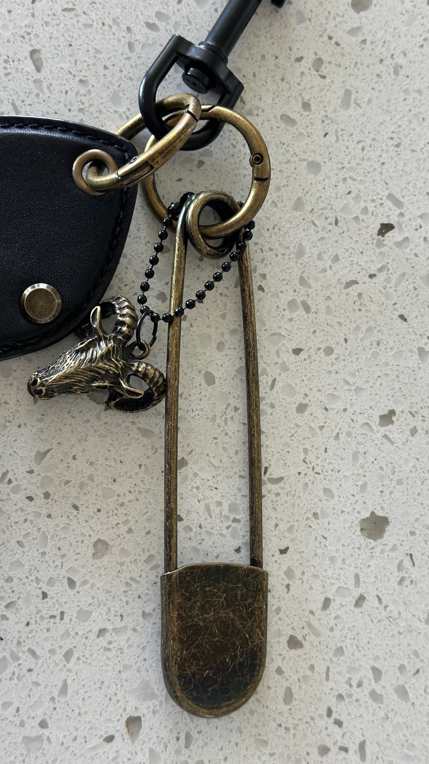 Repurposed Coach Beat Bag Clasp, Ram Head, and XL Safety Pin Bag Charm Cluster