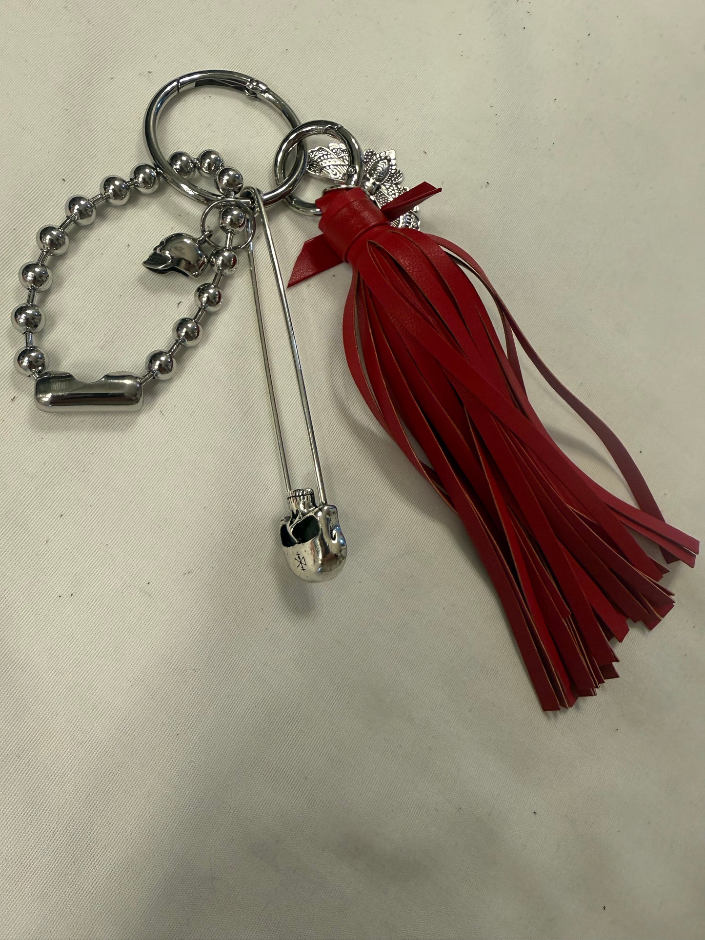 Handmade Red Vegan Leather Bag Charm Cluster – XL Skull Safety Pin – Skull Moth Charm – Silver Tone Hardware