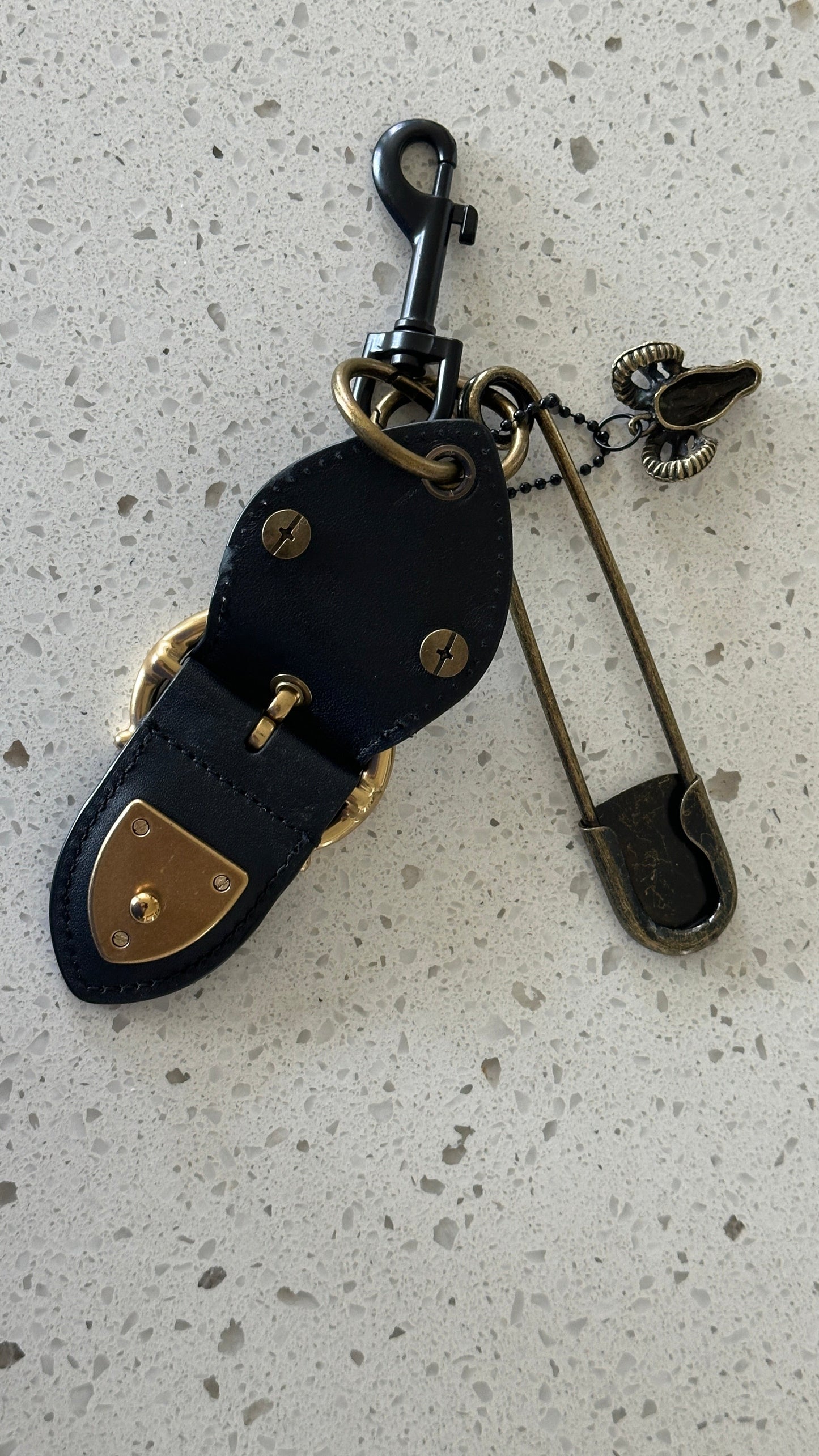 Repurposed Coach Beat Bag Clasp, Ram Head, and XL Safety Pin Bag Charm Cluster