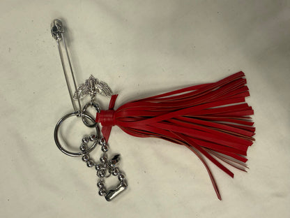 Handmade Red Vegan Leather Bag Charm Cluster – XL Skull Safety Pin – Skull Moth Charm – Silver Tone Hardware