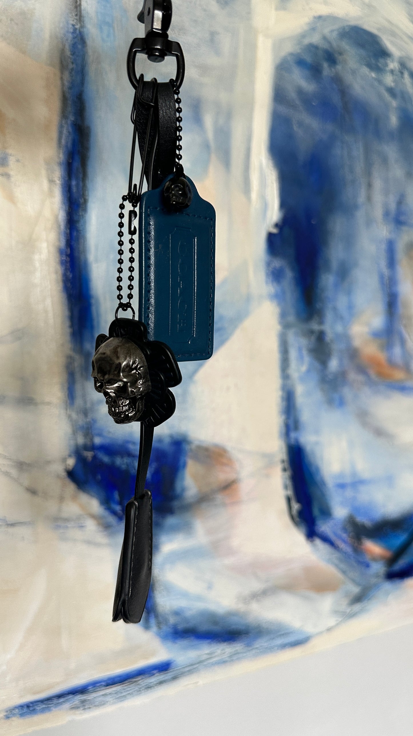 Coach Repurposed Leather Tea Roses with Skull Pin, Coach Clochette, and Painted Coach Hangtag with Black Skull Charm Bag Cluster