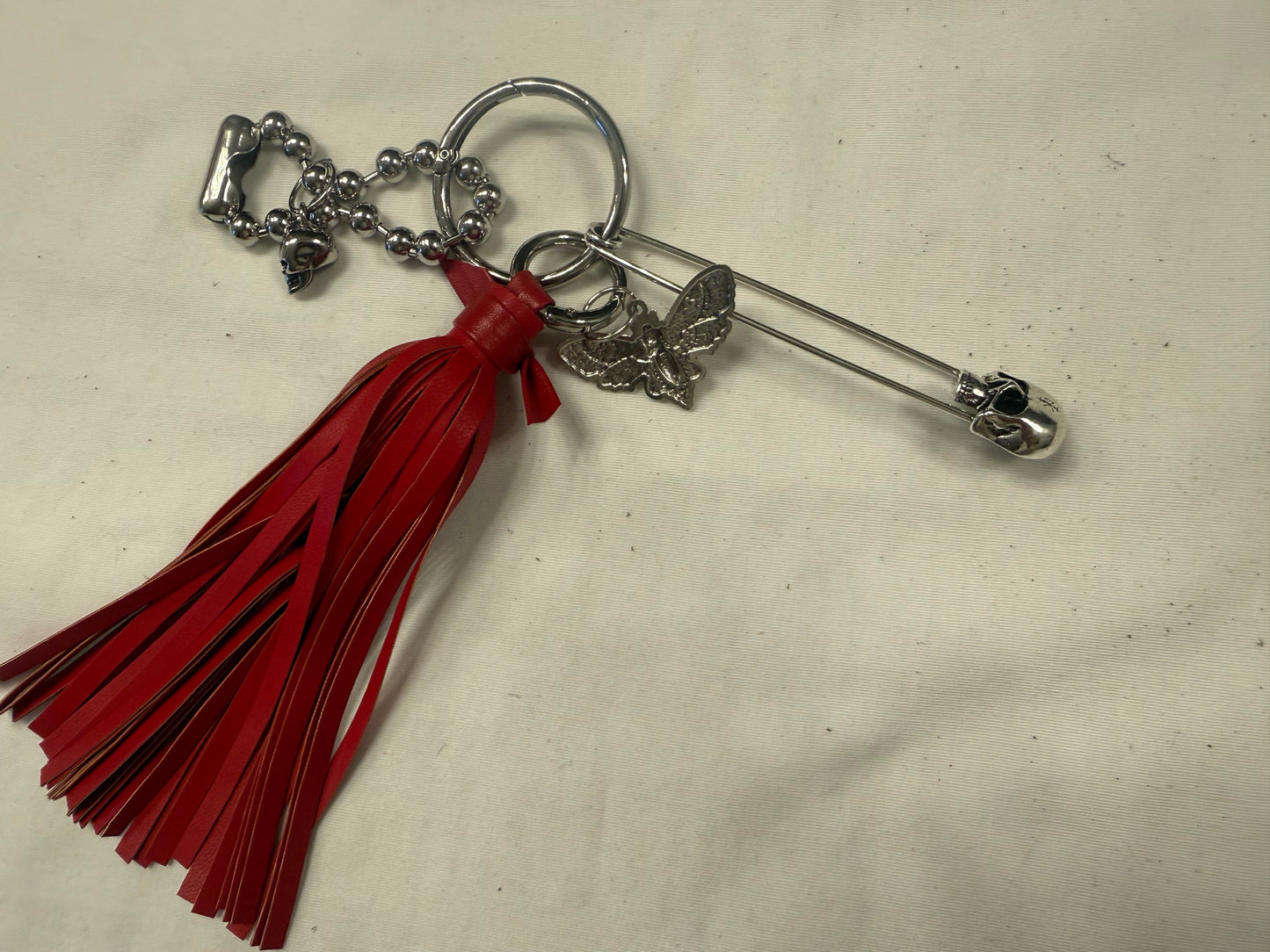 Handmade Red Vegan Leather Bag Charm Cluster – XL Skull Safety Pin – Skull Moth Charm – Silver Tone Hardware