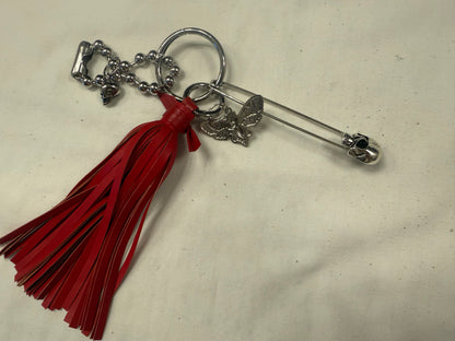 Handmade Red Vegan Leather Bag Charm Cluster – XL Skull Safety Pin – Skull Moth Charm – Silver Tone Hardware