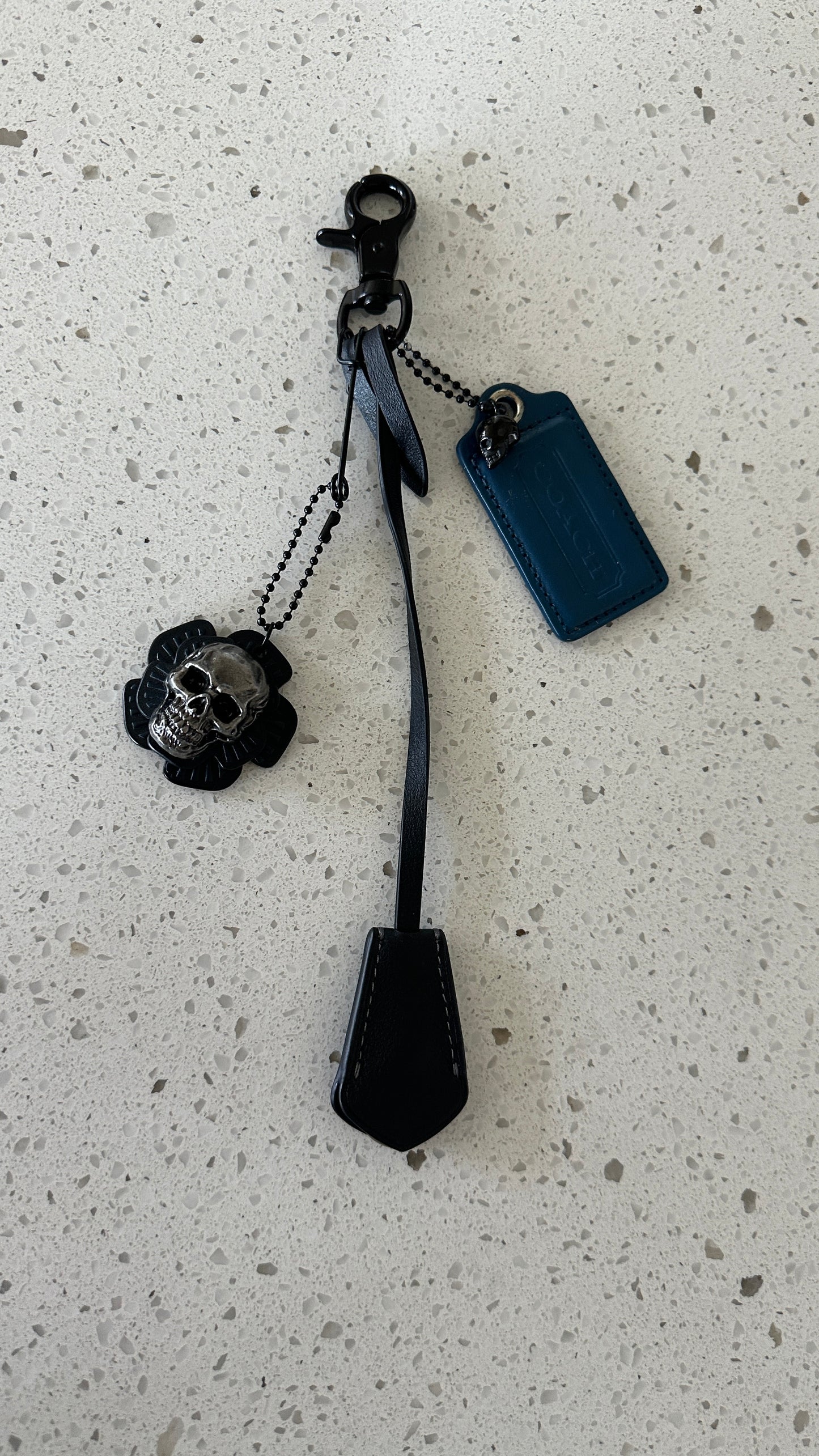 Coach Repurposed Leather Tea Roses with Skull Pin, Coach Clochette, and Painted Coach Hangtag with Black Skull Charm Bag Cluster