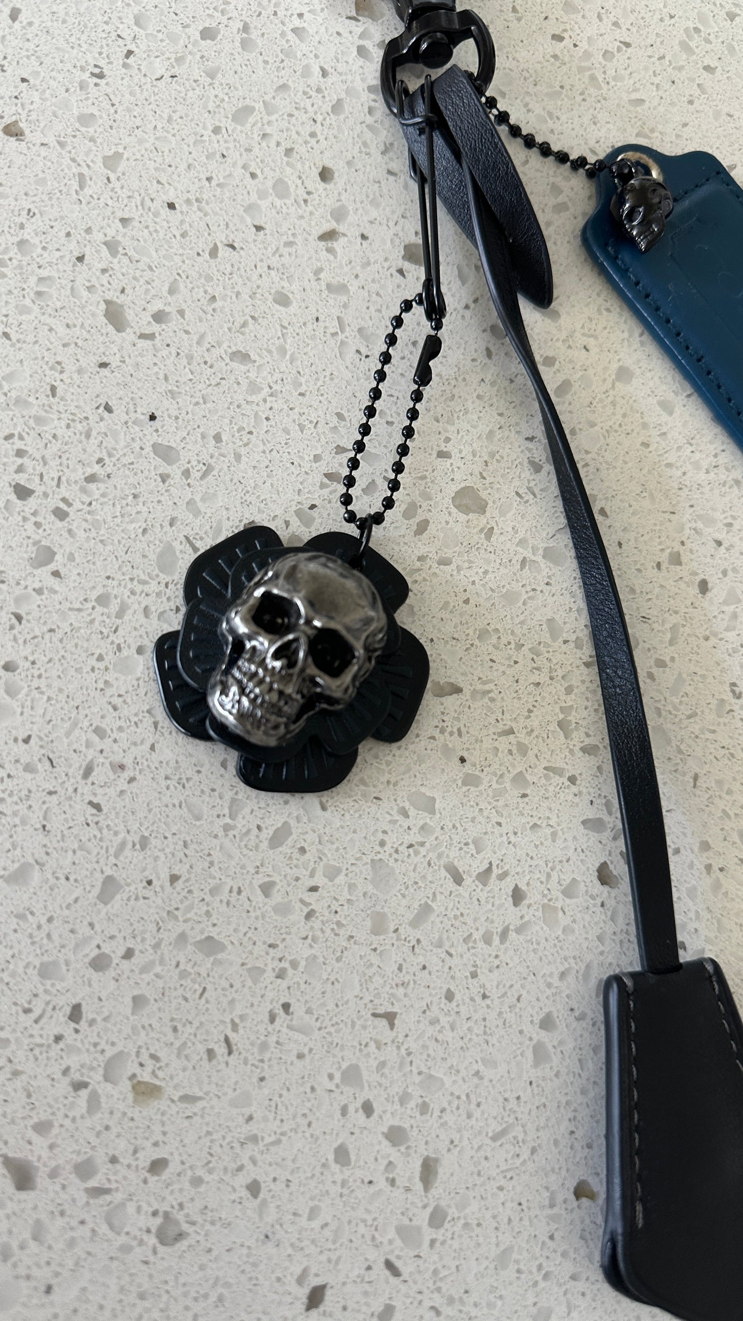 Coach Repurposed Leather Tea Roses with Skull Pin, Coach Clochette, and Painted Coach Hangtag with Black Skull Charm Bag Cluster