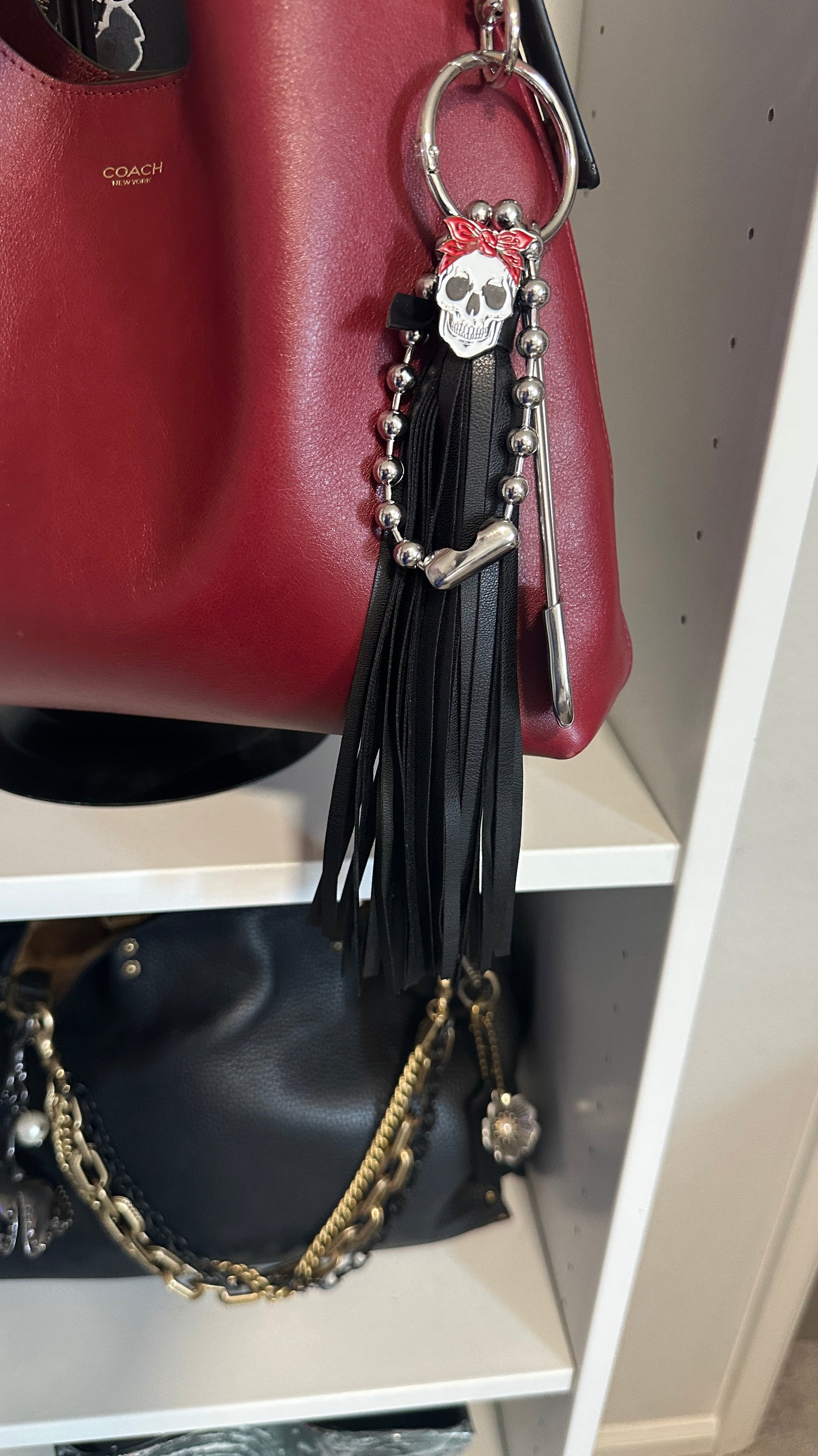 Skull with Red Bandana Pin Vegan Black Tassel Bag Charm Cluster Silver Tone Hardware