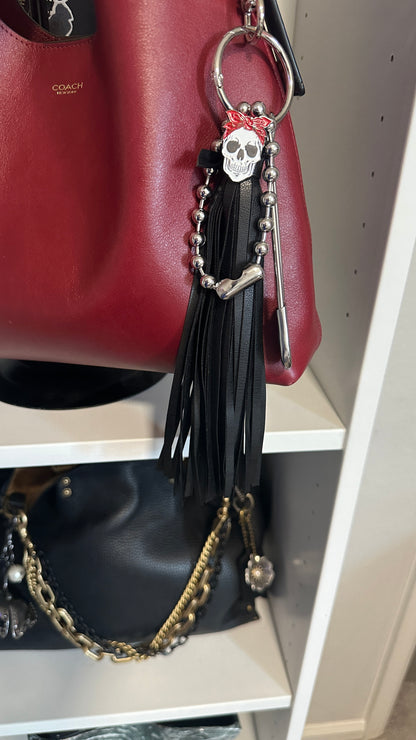 Skull with Red Bandana Pin Vegan Black Tassel Bag Charm Cluster Silver Tone Hardware