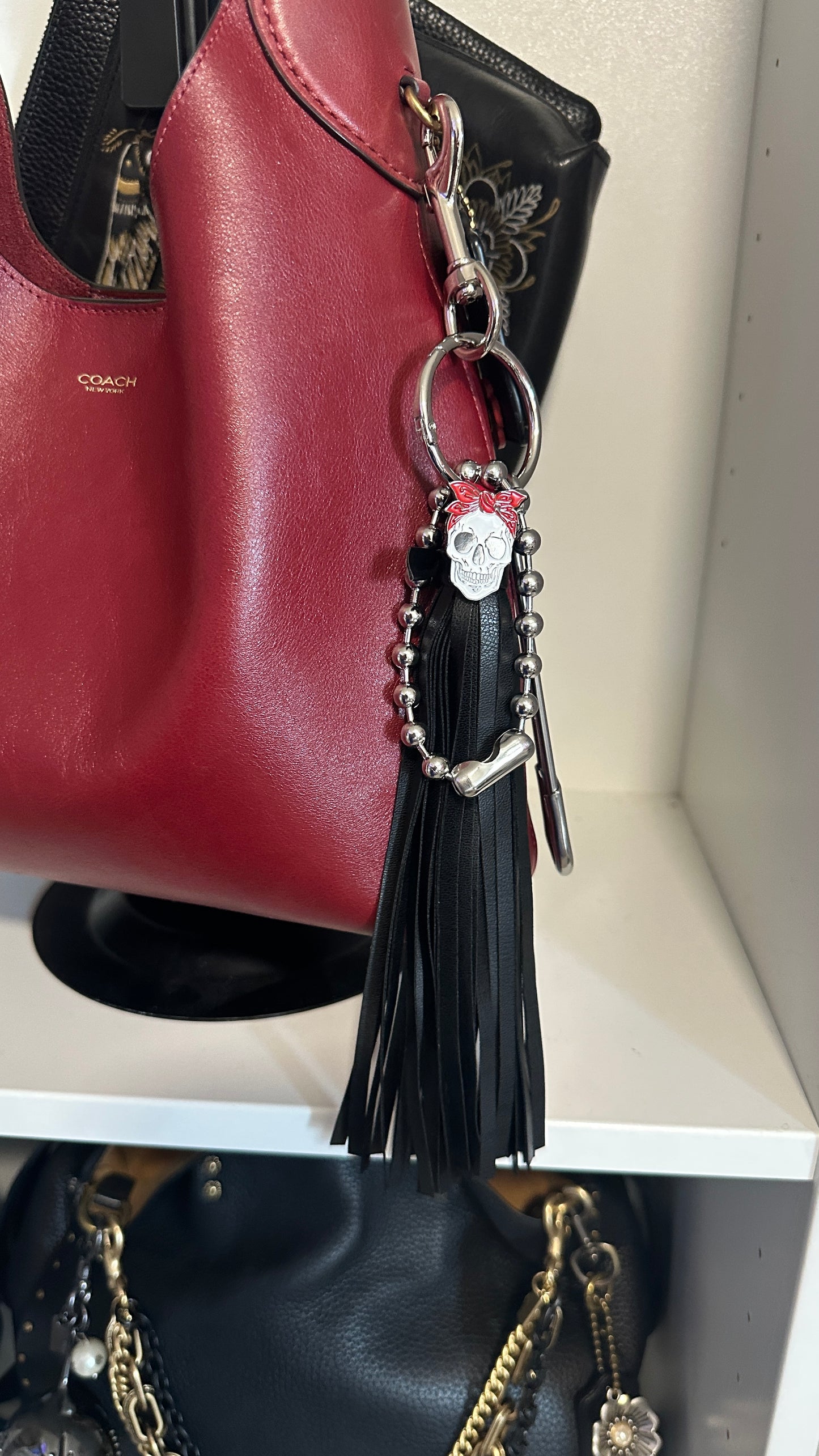 Skull with Red Bandana Pin Vegan Black Tassel Bag Charm Cluster Silver Tone Hardware