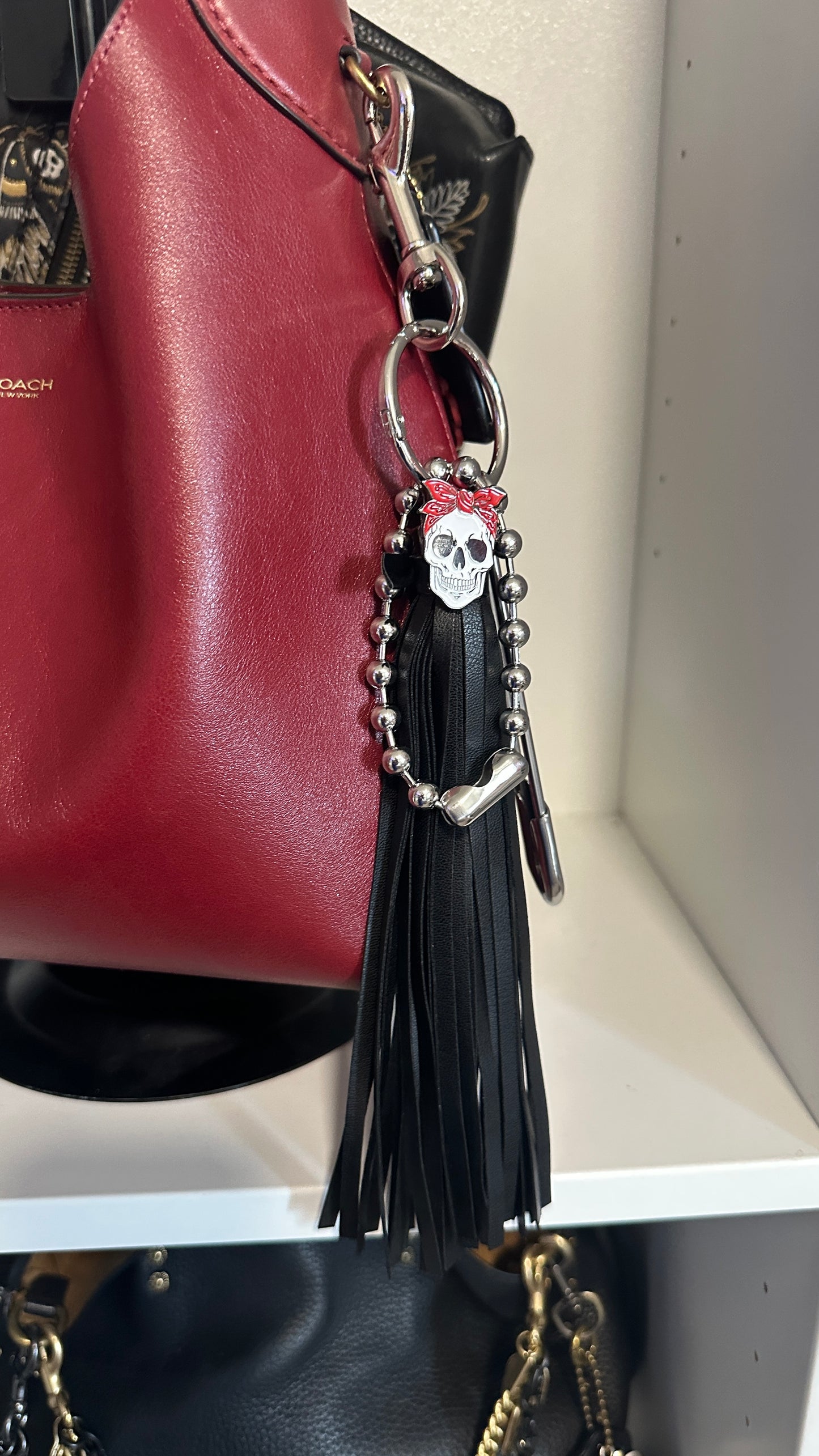 Skull with Red Bandana Pin Vegan Black Tassel Bag Charm Cluster Silver Tone Hardware