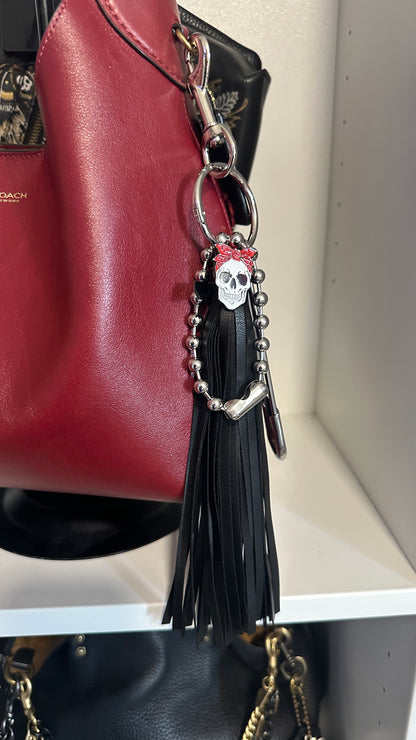 Skull with Red Bandana Pin Vegan Black Tassel Bag Charm Cluster Silver Tone Hardware