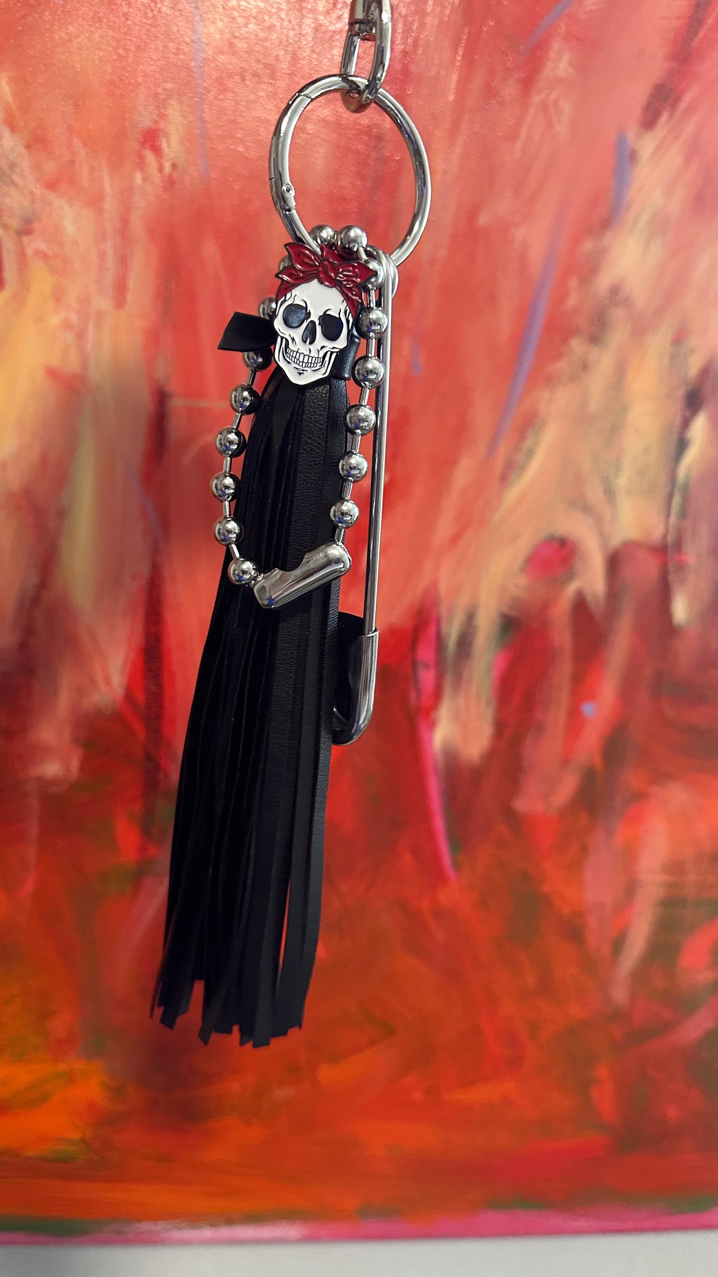 Skull with Red Bandana Pin Vegan Black Tassel Bag Charm Cluster Silver Tone Hardware