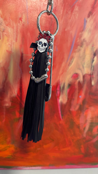 Skull with Red Bandana Pin Vegan Black Tassel Bag Charm Cluster Silver Tone Hardware