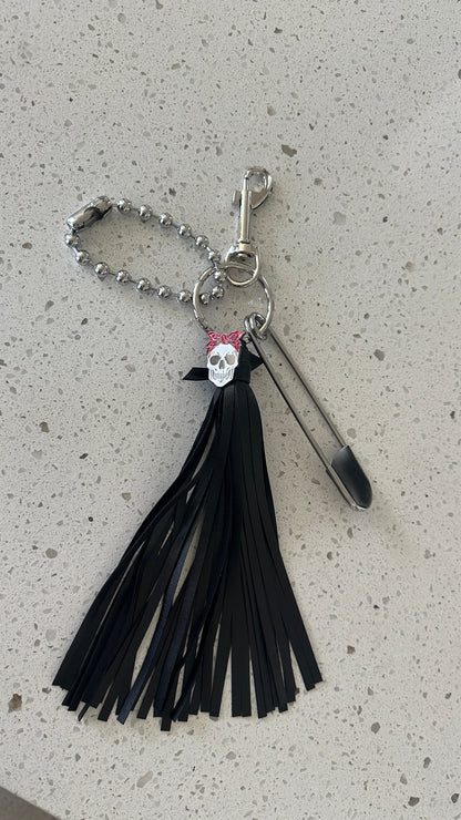 Skull with Red Bandana Pin Vegan Black Tassel Bag Charm Cluster Silver Tone Hardware