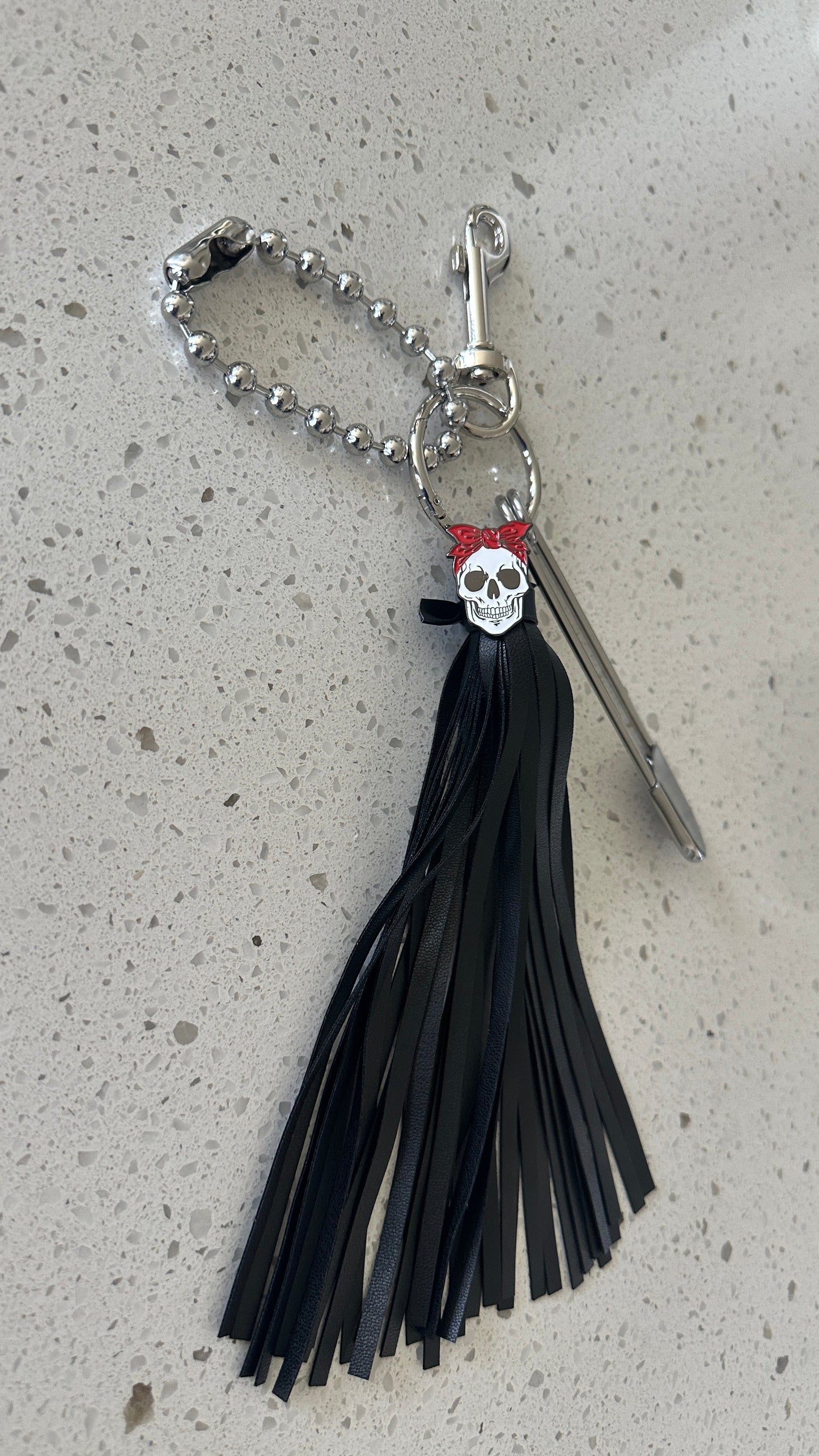 Skull with Red Bandana Pin Vegan Black Tassel Bag Charm Cluster Silver Tone Hardware