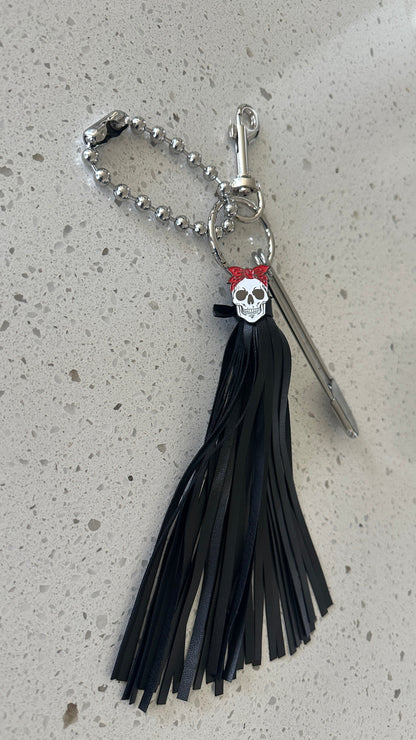 Skull with Red Bandana Pin Vegan Black Tassel Bag Charm Cluster Silver Tone Hardware