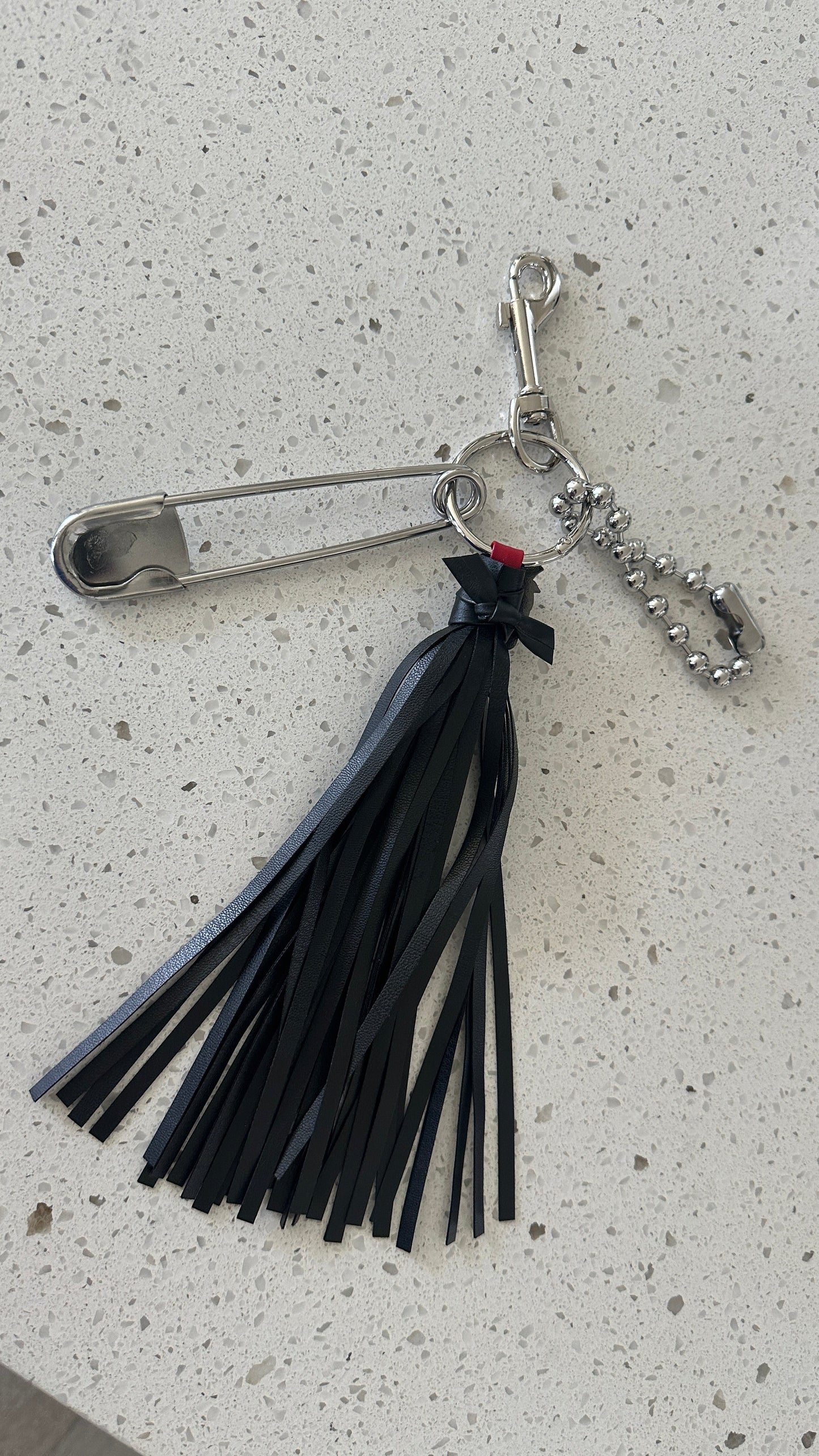 Skull with Red Bandana Pin Vegan Black Tassel Bag Charm Cluster Silver Tone Hardware