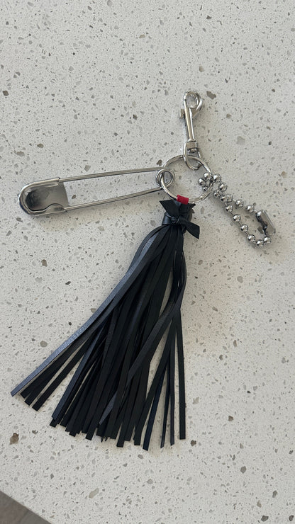 Skull with Red Bandana Pin Vegan Black Tassel Bag Charm Cluster Silver Tone Hardware