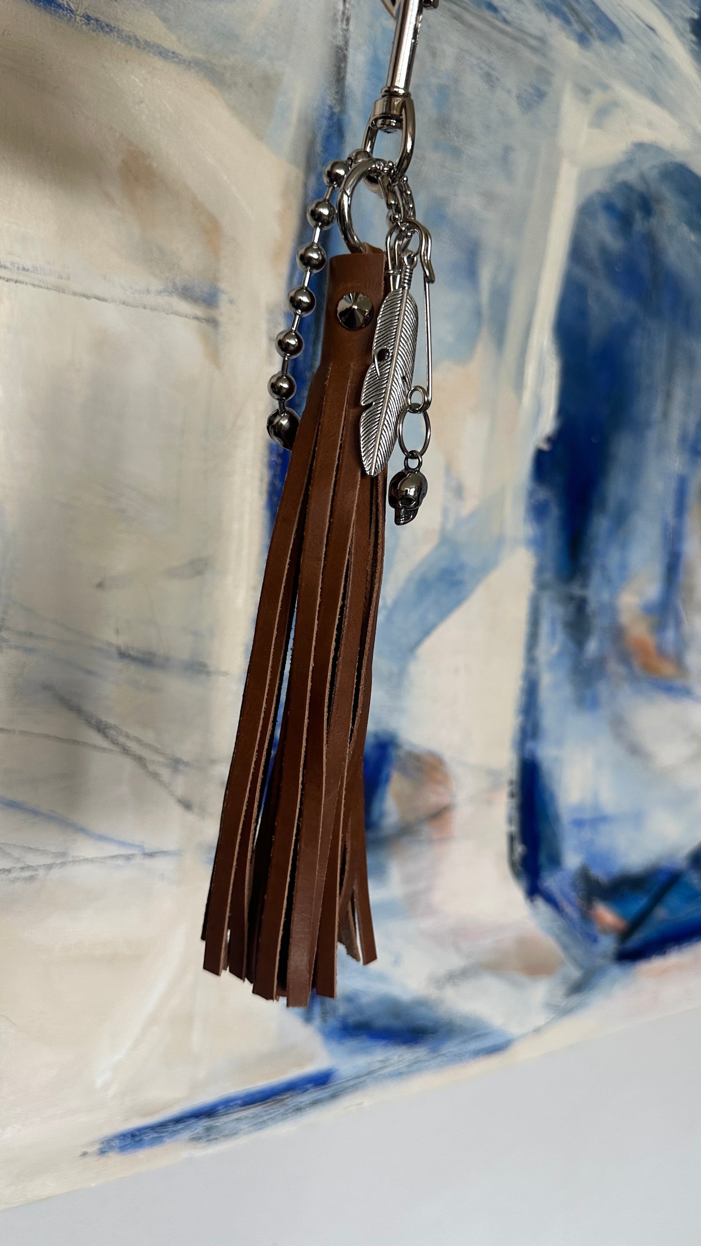 Bag Charm Cluster with Silver Tone Hardware Tan Leather Tassel, Large Ball Chain, Skull & Feather Charm