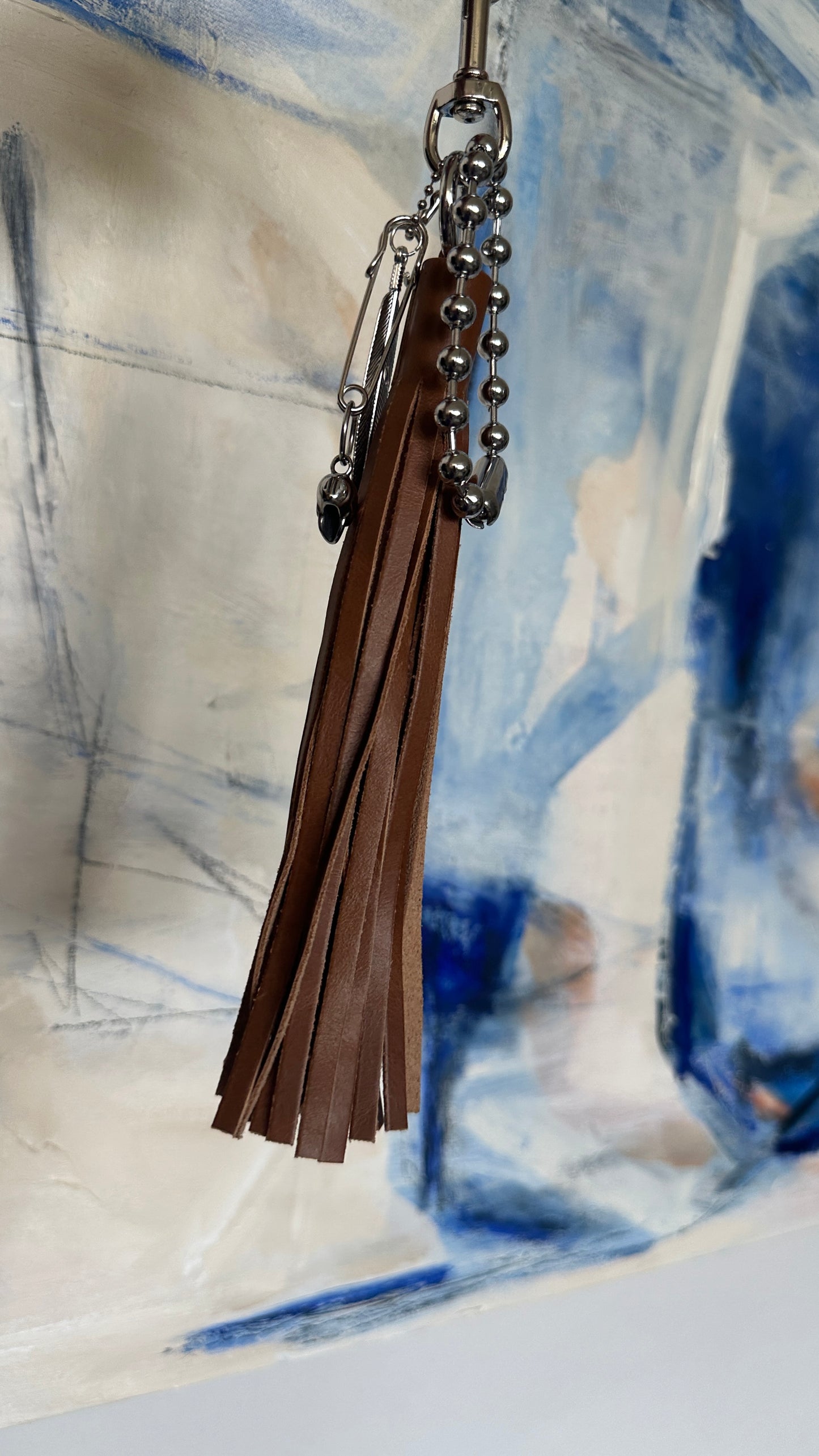 Bag Charm Cluster with Silver Tone Hardware Tan Leather Tassel, Large Ball Chain, Skull & Feather Charm