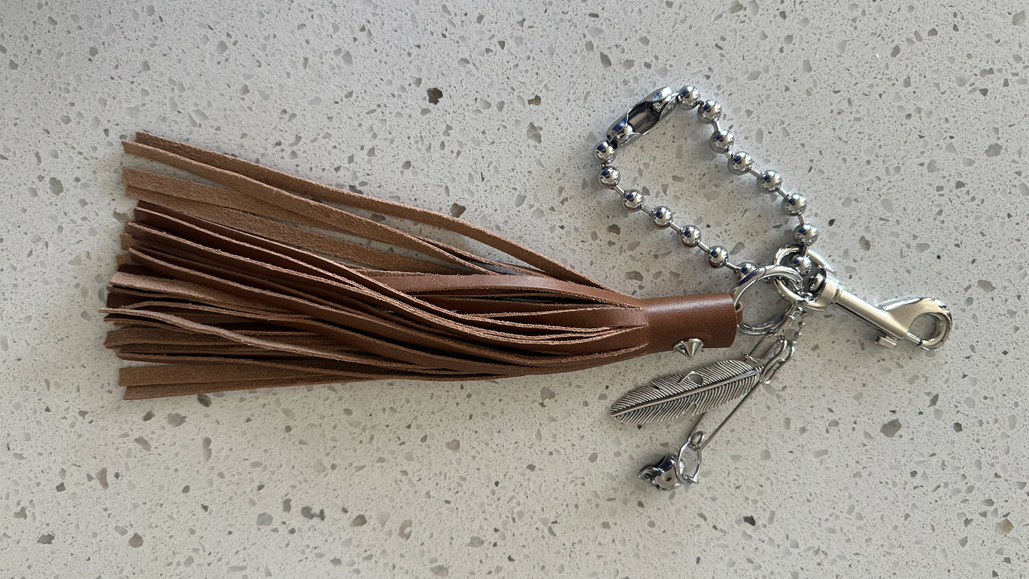 Bag Charm Cluster with Silver Tone Hardware Tan Leather Tassel, Large Ball Chain, Skull & Feather Charm