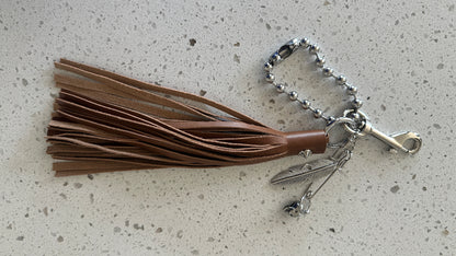 Bag Charm Cluster with Silver Tone Hardware Tan Leather Tassel, Large Ball Chain, Skull & Feather Charm