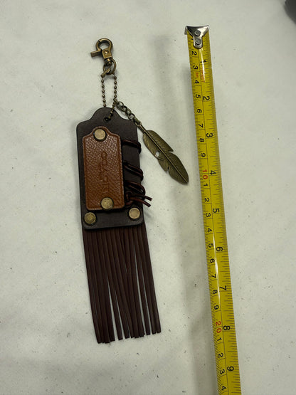Upcrafted Coach Brown Leather Fringe Hangtag Bag Charm – Repurposed Coach Hangtags – Feather Charm – Antique Brass Hardware – One of a Kind