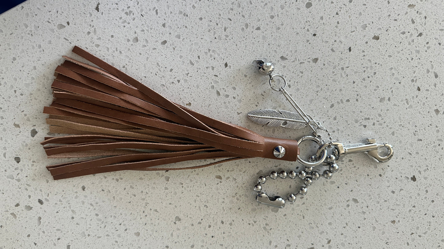 Bag Charm Cluster with Silver Tone Hardware Tan Leather Tassel, Large Ball Chain, Skull & Feather Charm