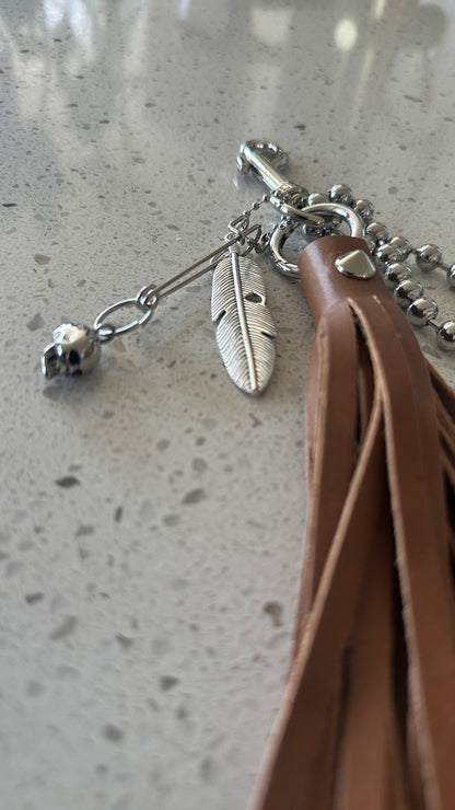 Bag Charm Cluster with Silver Tone Hardware Tan Leather Tassel, Large Ball Chain, Skull & Feather Charm