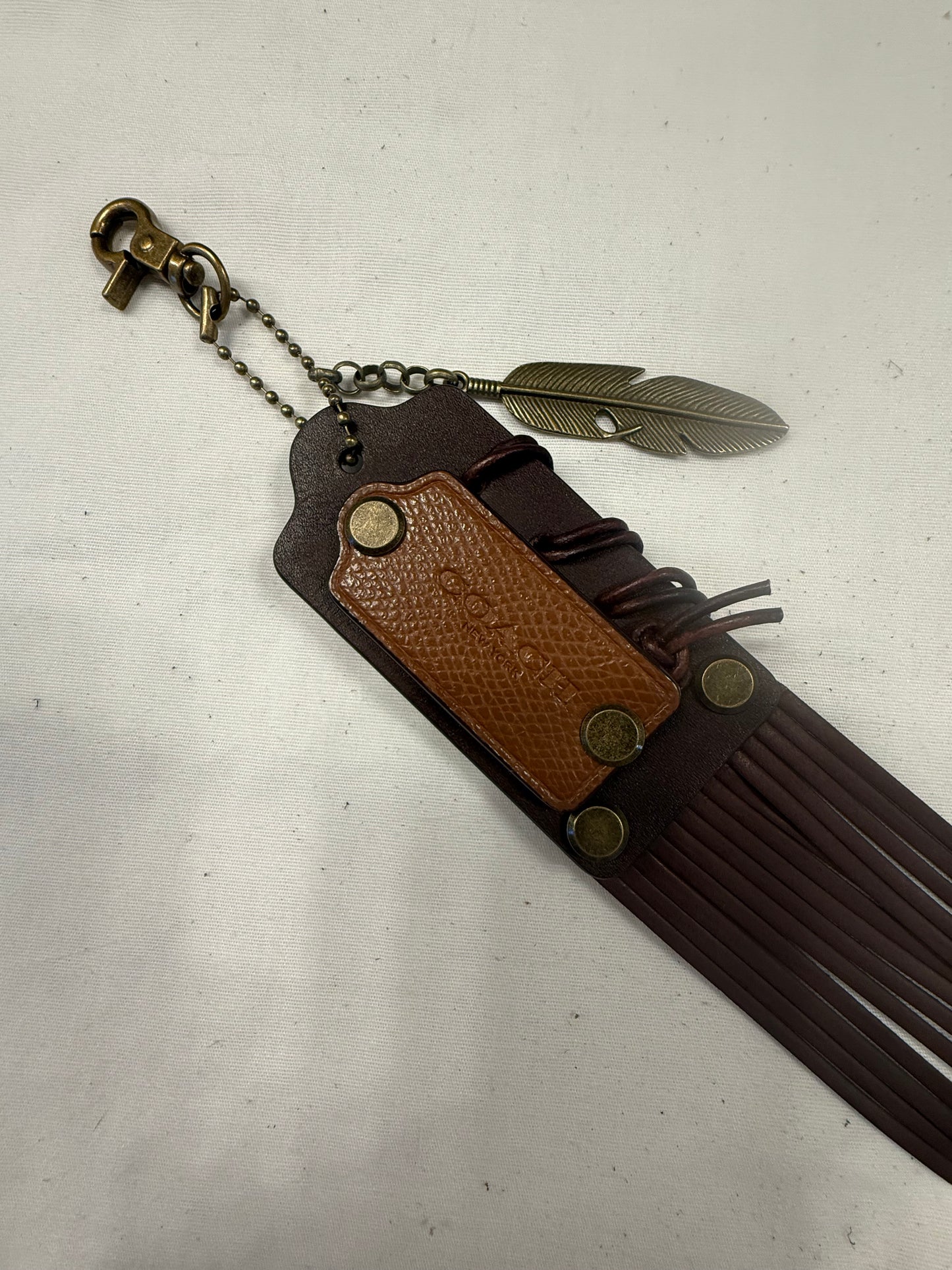 Upcrafted Coach Brown Leather Fringe Hangtag Bag Charm – Repurposed Coach Hangtags – Feather Charm – Antique Brass Hardware – One of a Kind