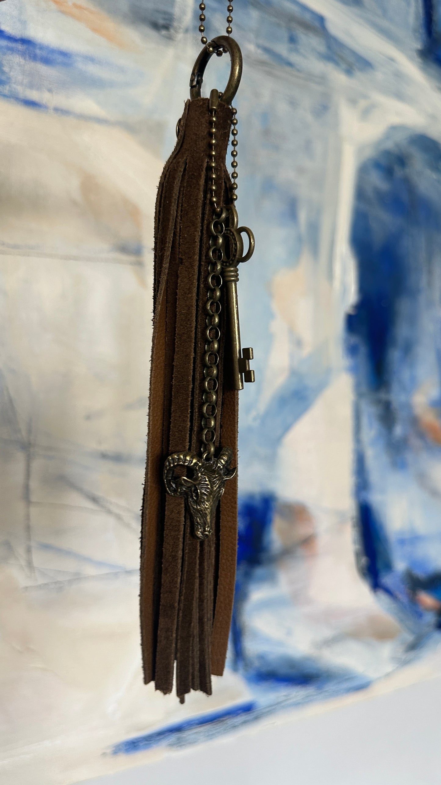 Bag Charm Cluster with Brown Sueded Tassel and Key and Ram Head Charm Antique Brass Hardware