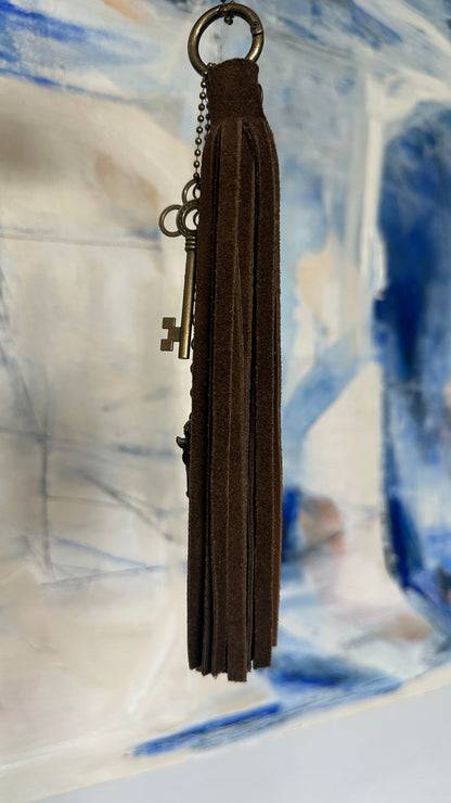 Bag Charm Cluster with Brown Sueded Tassel and Key and Ram Head Charm Antique Brass Hardware