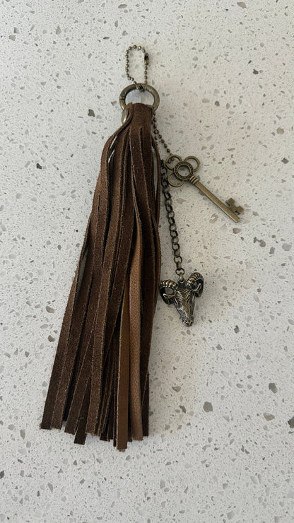Bag Charm Cluster with Silver Tone Hardware Tan Leather Tassel, Large Ball Chain, Skull & Feather Charm