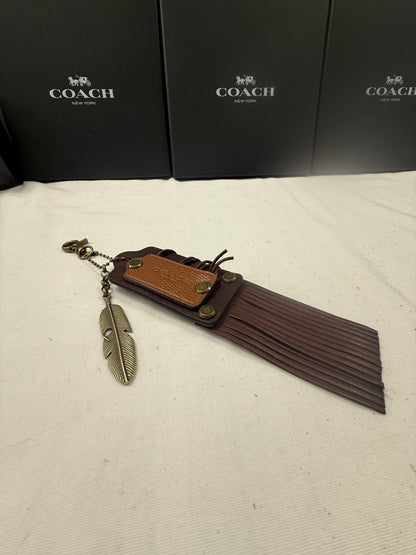 Upcrafted Coach Brown Leather Fringe Hangtag Bag Charm – Repurposed Coach Hangtags – Feather Charm – Antique Brass Hardware – One of a Kind