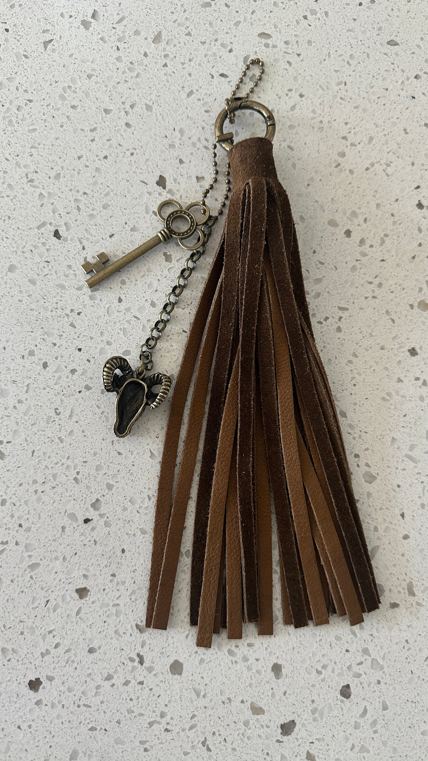 Bag Charm Cluster with Brown Sueded Tassel and Key and Ram Head Charm Antique Brass Hardware