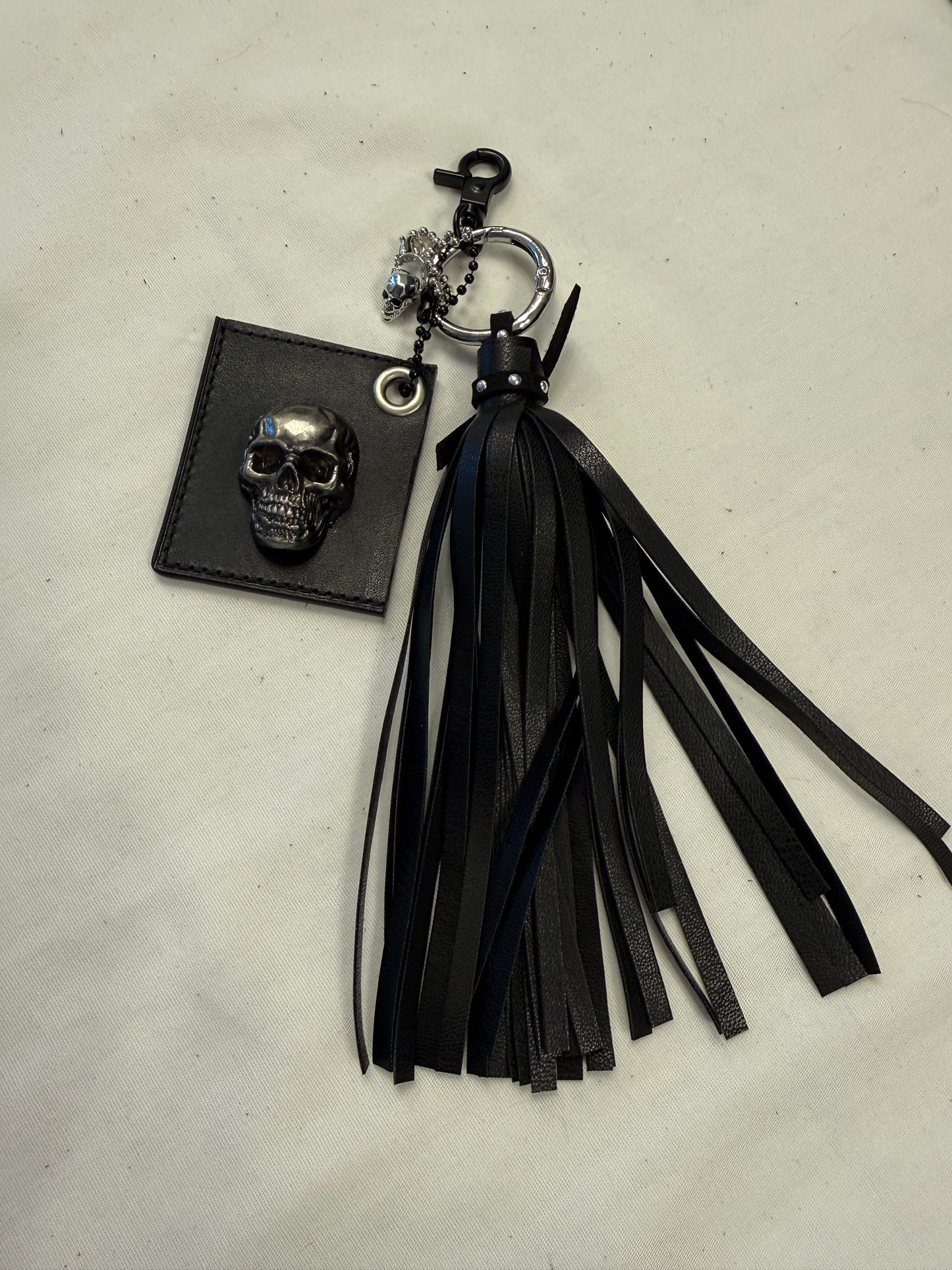 Repurposed Coach Tic Tac Toe Leather Board Square, Skull Charm, and Tassel Bag Charm Cluster