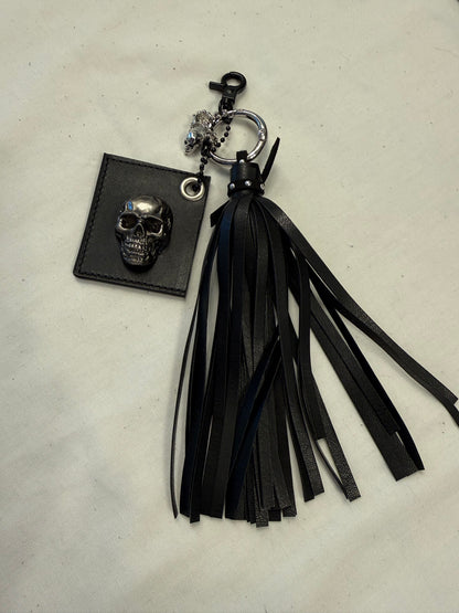 Repurposed Coach Tic Tac Toe Leather Board Square, Skull Charm, and Tassel Bag Charm Cluster