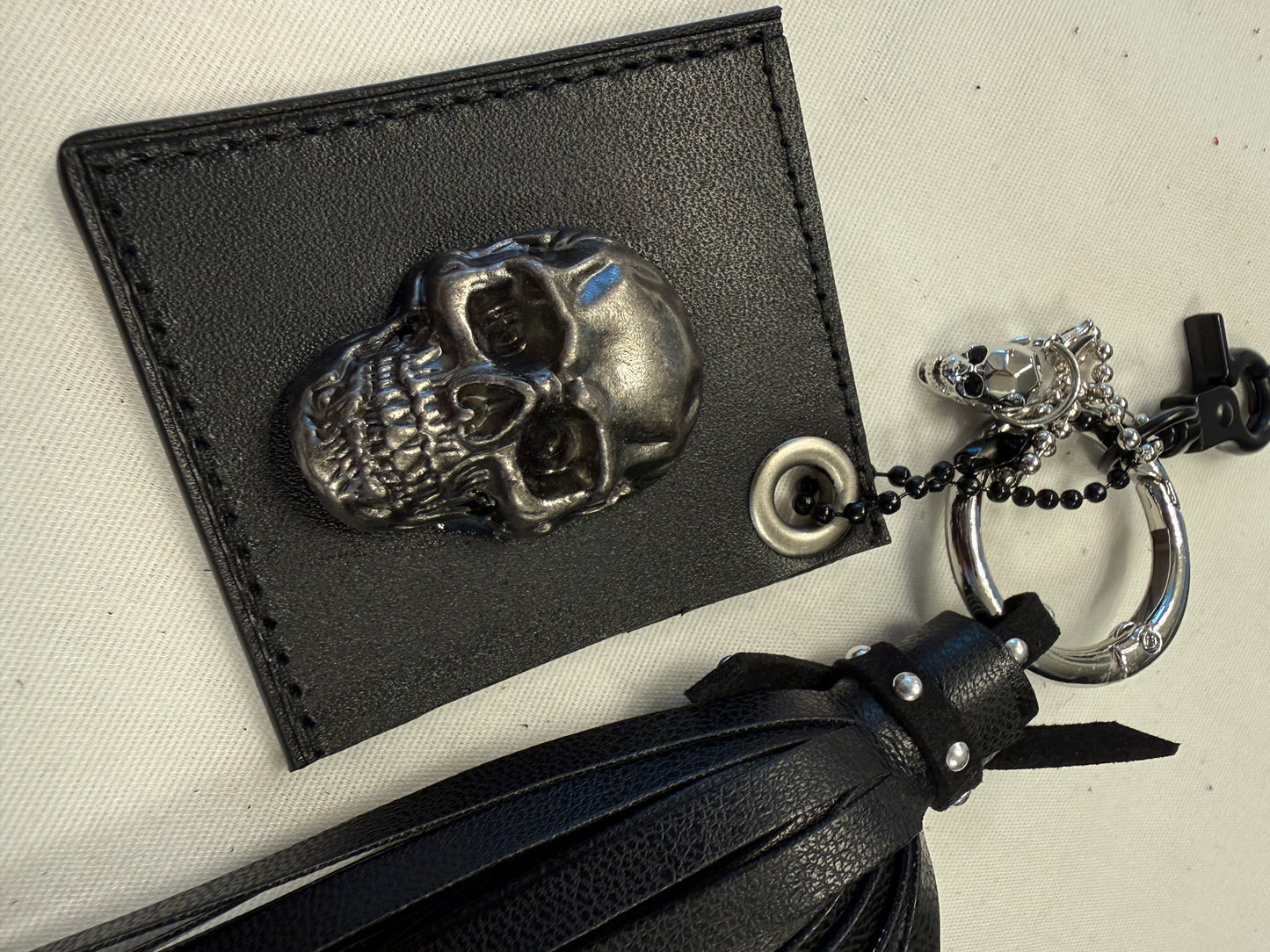 Repurposed Coach Tic Tac Toe Leather Board Square, Skull Charm, and Tassel Bag Charm Cluster