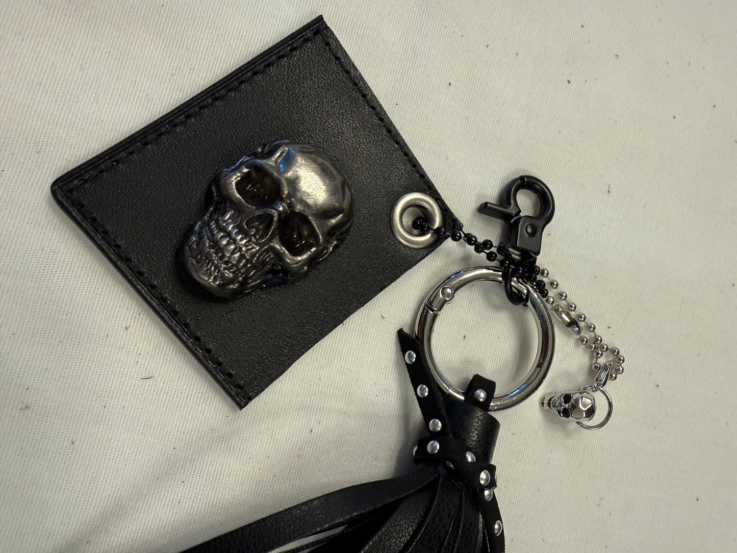 Repurposed Coach Tic Tac Toe Leather Board Square, Skull Charm, and Tassel Bag Charm Cluster