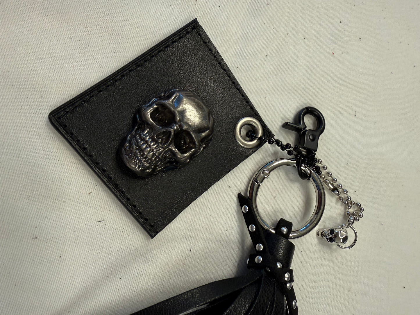 Repurposed Coach Tic Tac Toe Leather Board Square, Skull Charm, and Tassel Bag Charm Cluster