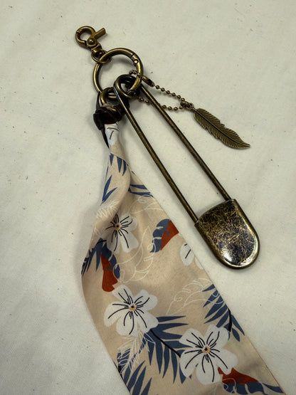 Tan & Blue Floral Scarf, Safety Pin, and Feather Bag Charm Cluster on Antique Brass Tone Hardware
