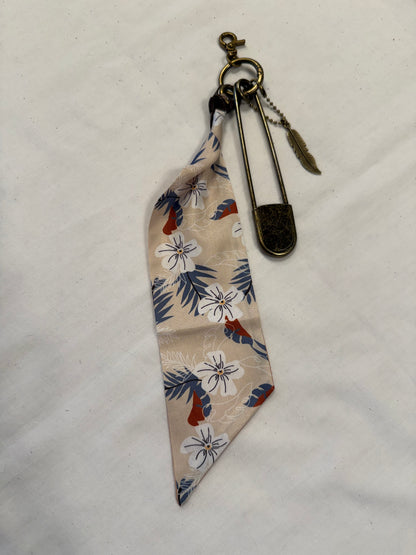 Tan & Blue Floral Scarf, Safety Pin, and Feather Bag Charm Cluster on Antique Brass Tone Hardware