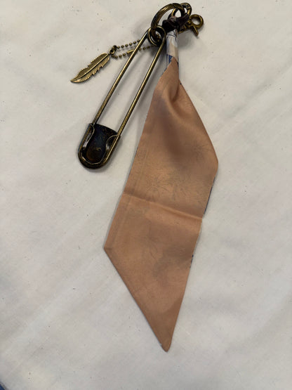 Tan & Blue Floral Scarf, Safety Pin, and Feather Bag Charm Cluster on Antique Brass Tone Hardware