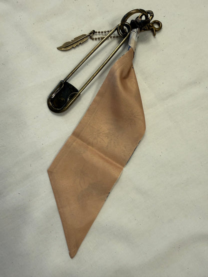 Tan & Blue Floral Scarf, Safety Pin, and Feather Bag Charm Cluster on Antique Brass Tone Hardware