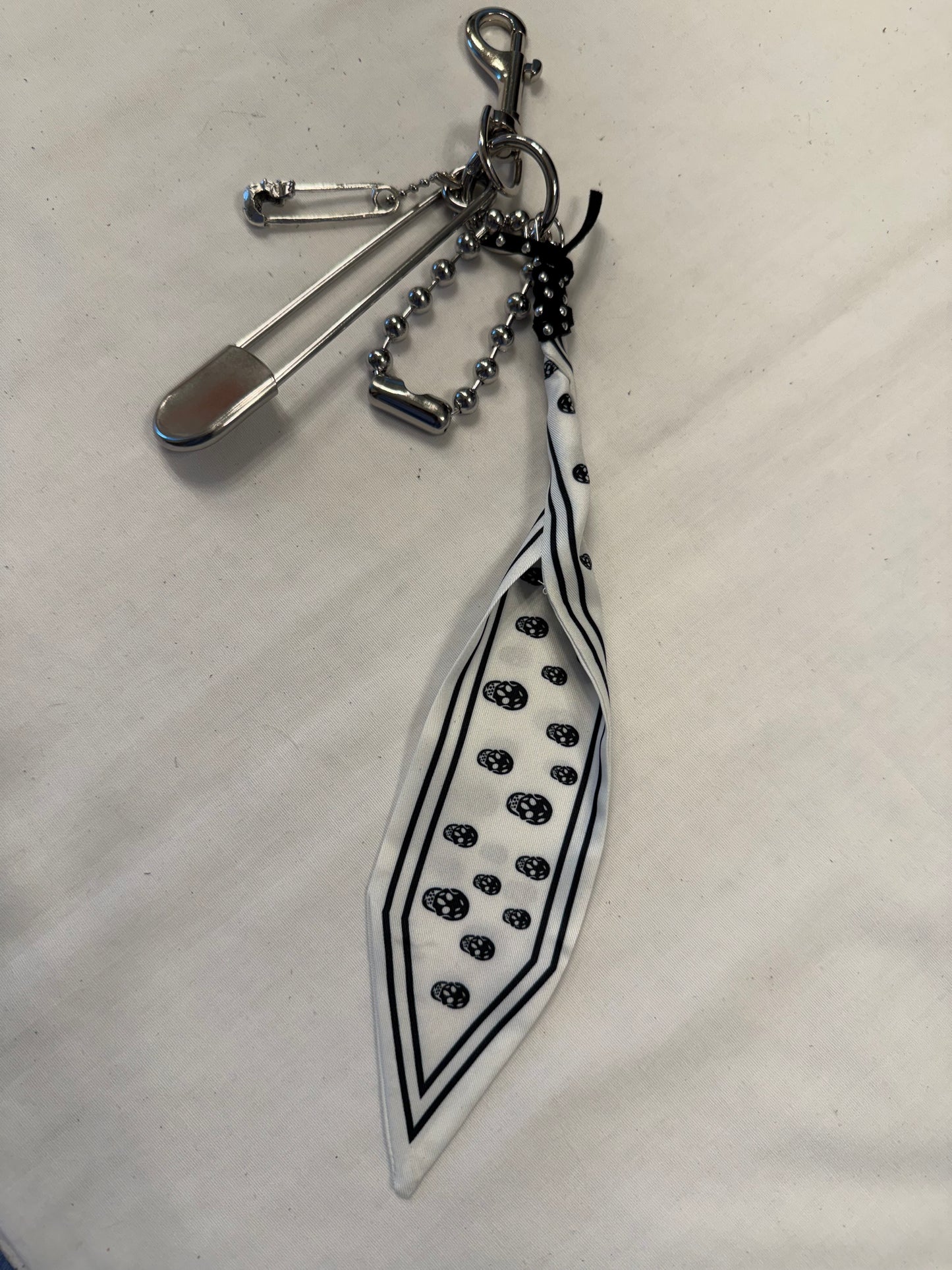 Black & White Skull Scarf Bag Charm Cluster with Large Ball Chain, Safety Pink and Skull Charm