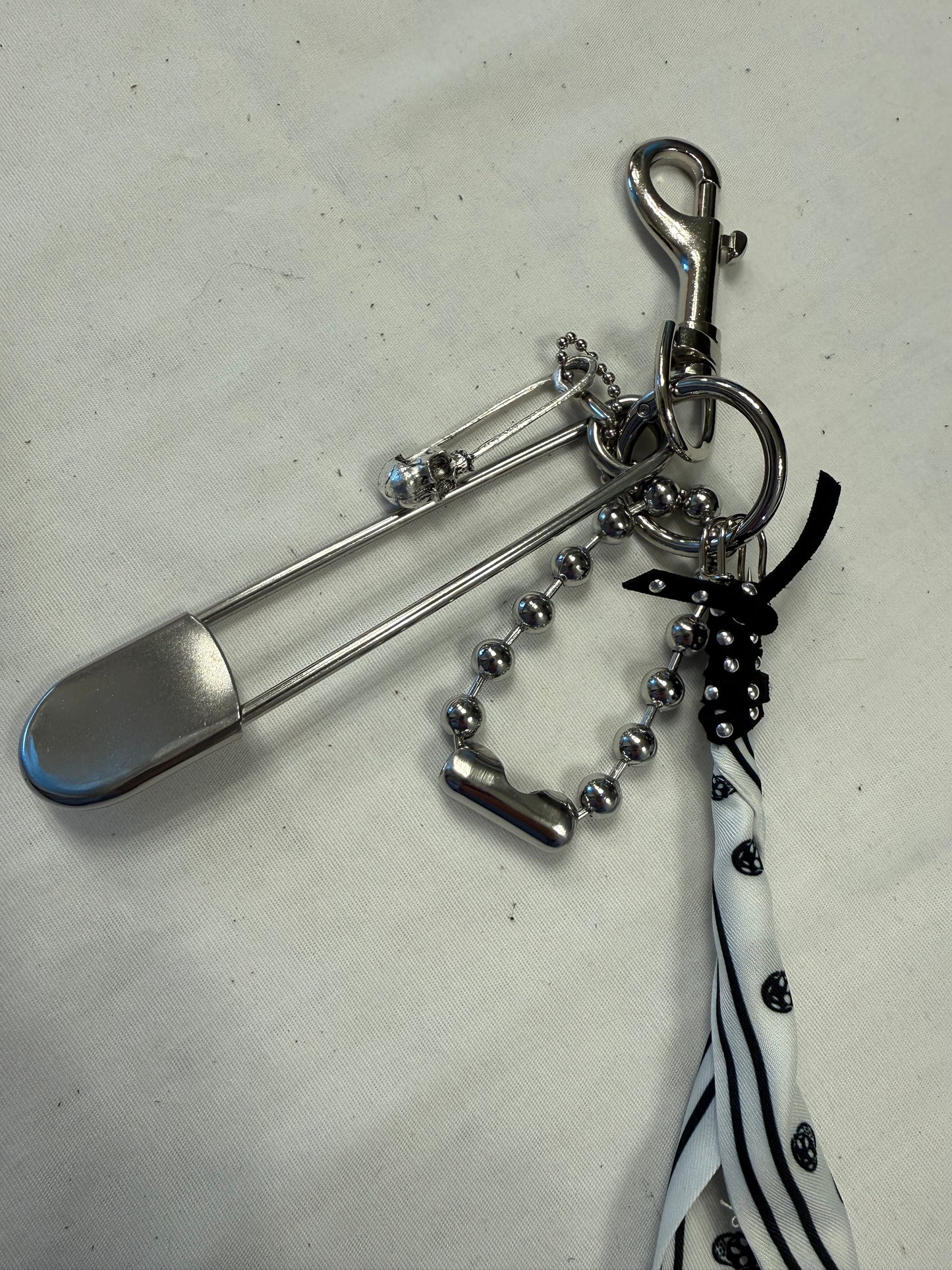 Black & White Skull Scarf Bag Charm Cluster with Large Ball Chain, Safety Pink and Skull Charm