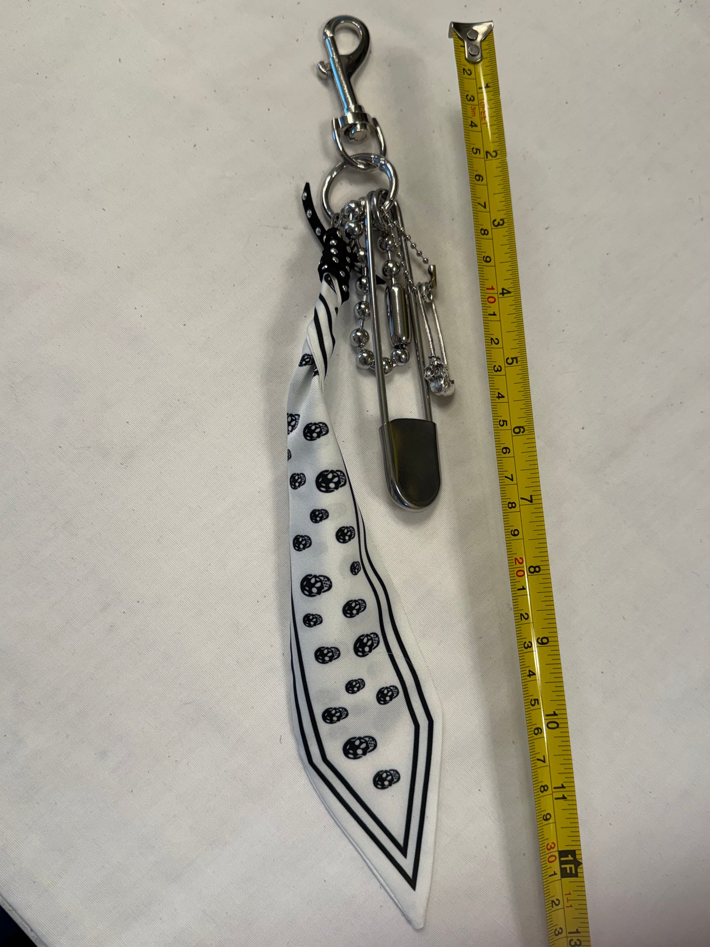 Black & White Skull Scarf Bag Charm Cluster with Large Ball Chain, Safety Pink and Skull Charm