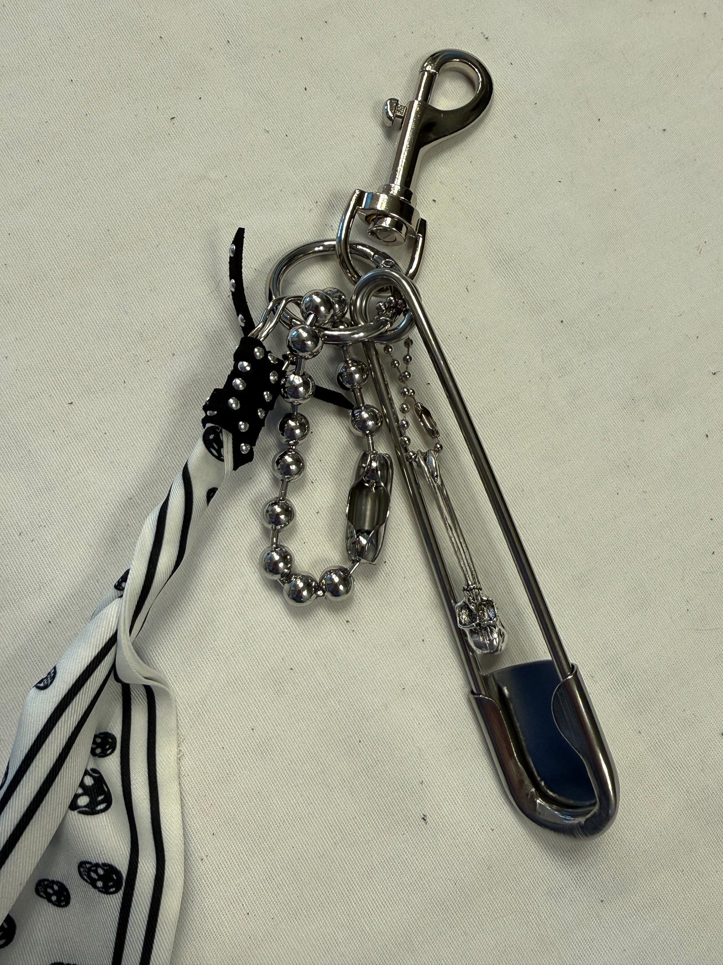 Black & White Skull Scarf Bag Charm Cluster with Large Ball Chain, Safety Pink and Skull Charm