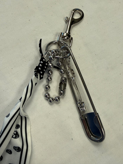 Black & White Skull Scarf Bag Charm Cluster with Large Ball Chain, Safety Pink and Skull Charm